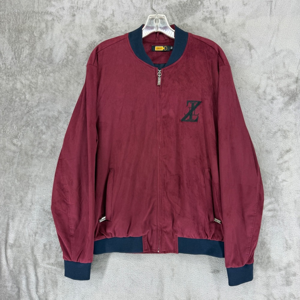 Zilli Mens Silk Blend Faux Suede Bomber Jacket Burgundy Navy XL Made in Italy